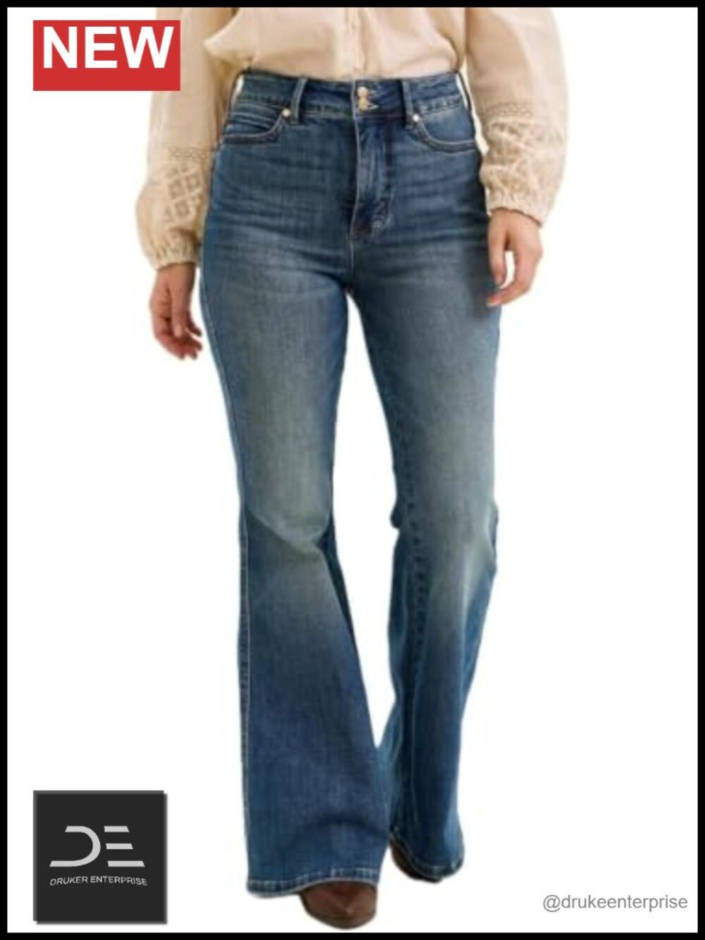 High Waisted Flare Jeans with Tummy Control and Double Button